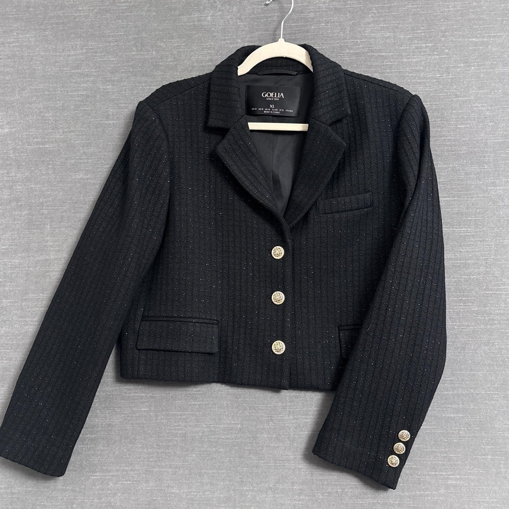 Goelia Jacket XL 12 Black Wool Blend Cropped Gold Sparkle Blazer Career Cocktail